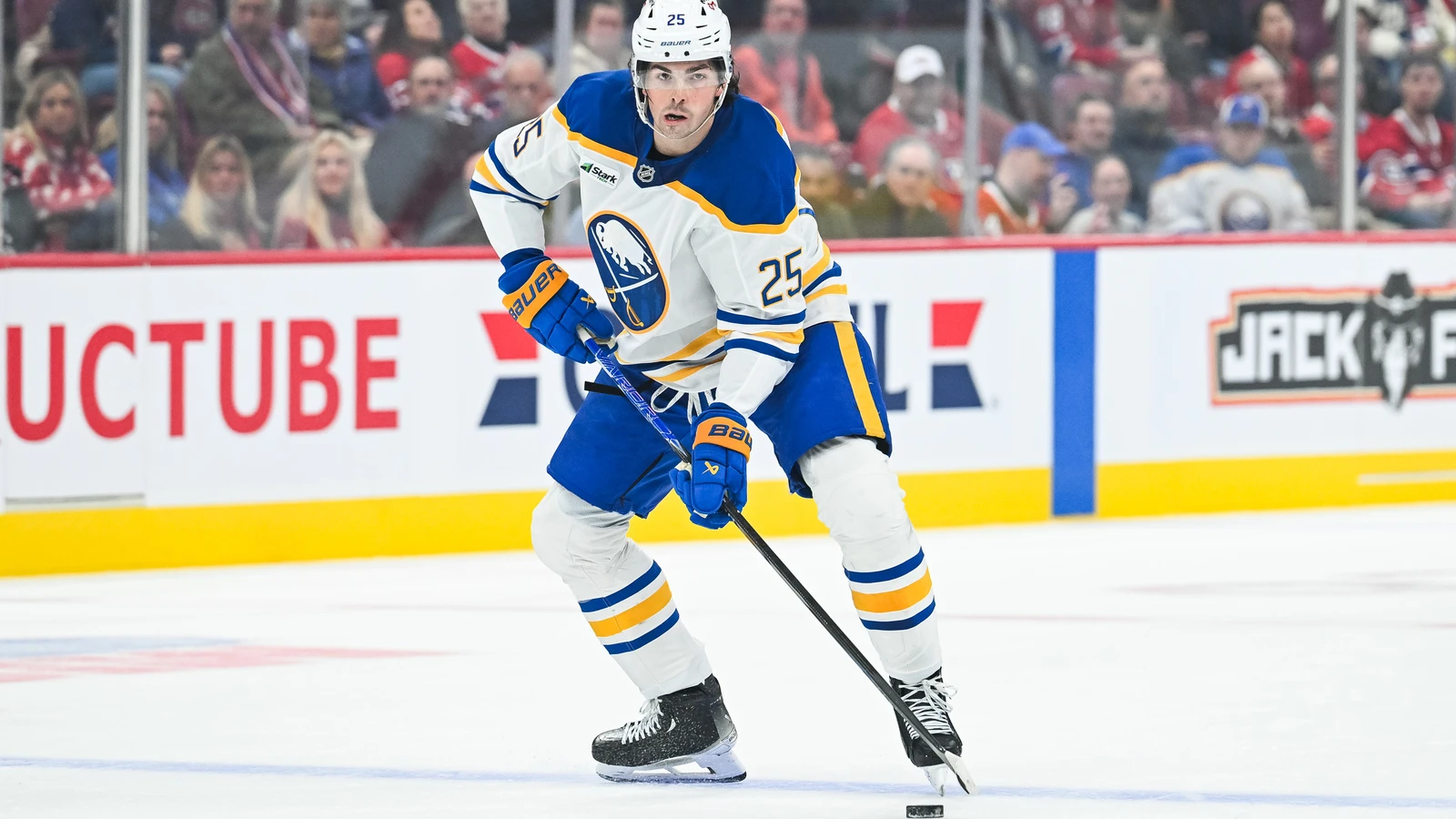 File photo: Buffalo Sabres defenceman Owen Power controls the puck during a game against the Montreal Canadiens at Bell Centre.