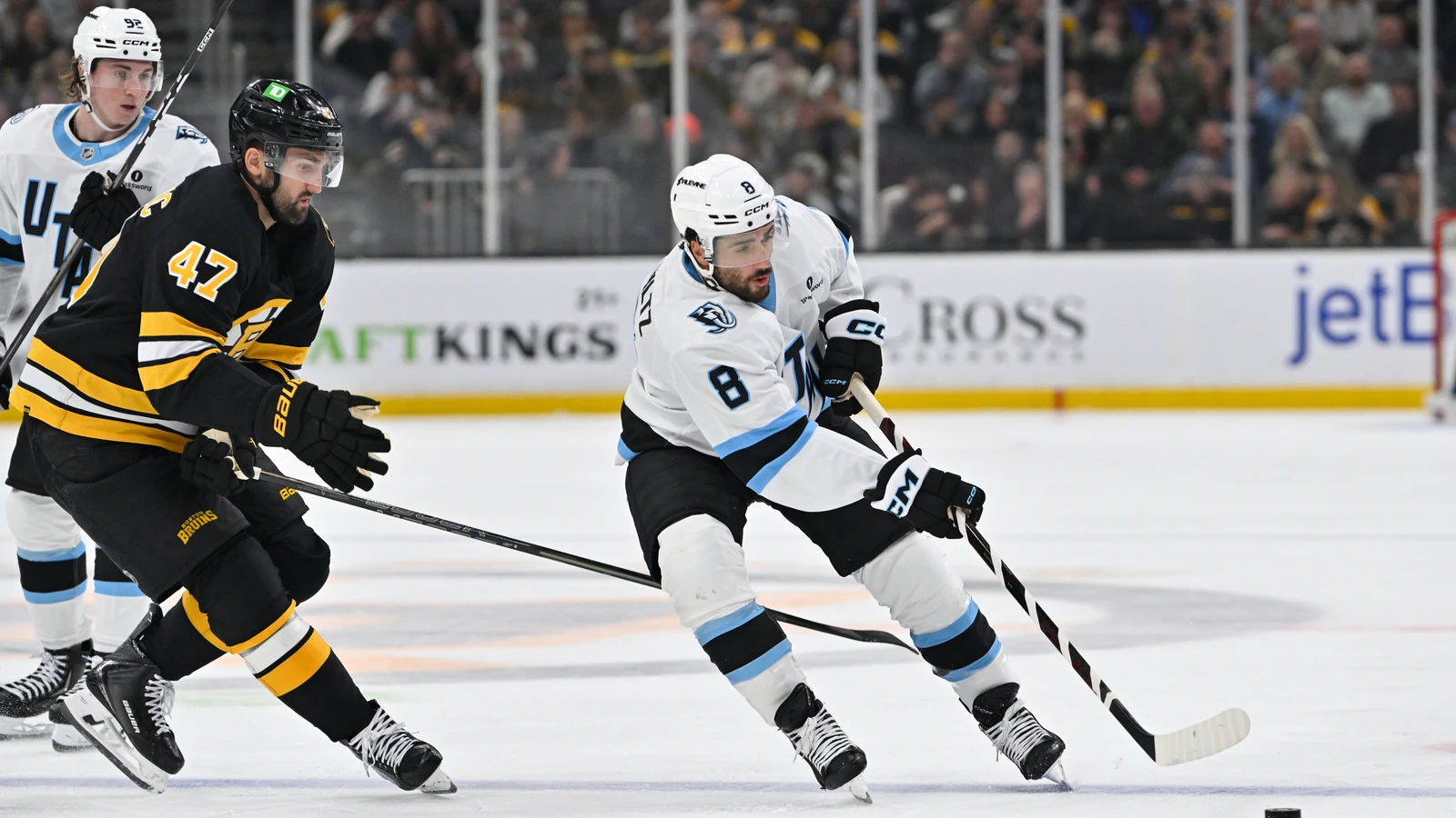 File photo: Utah Mammoth centre Nick Schmaltz carries the puck against the Boston Bruins at TD Garden.