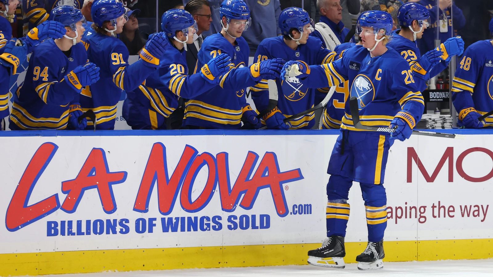 File photo: Buffalo Sabres defenceman Rasmus Dahlin celebrates a goal with teammates at the bench against the Florida Panthers.
