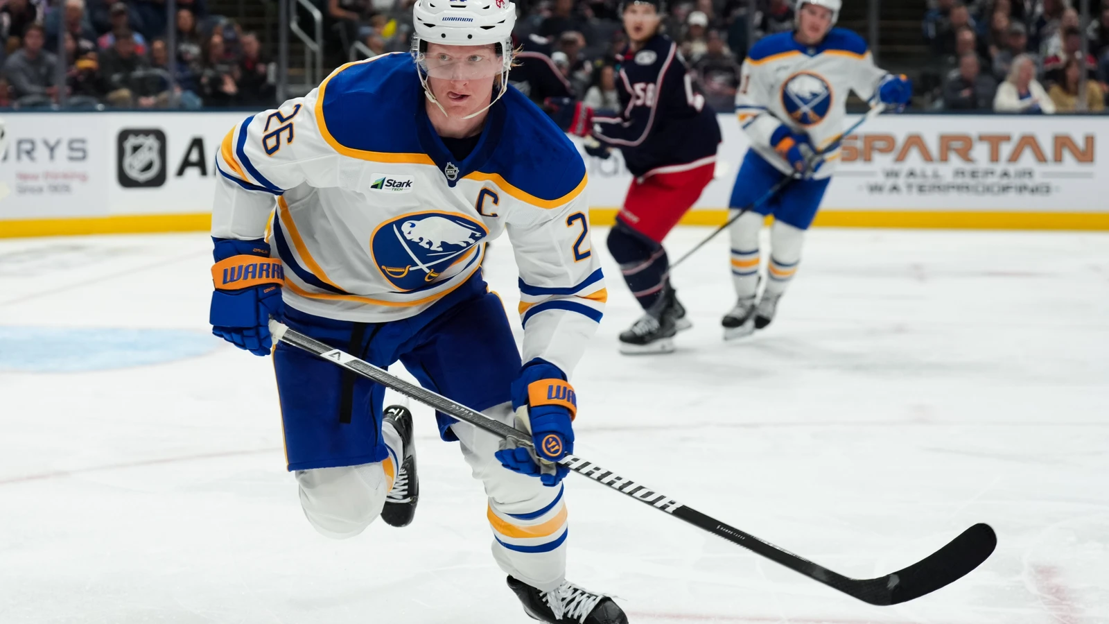 File photo: Buffalo Sabres defenceman Rasmus Dahlin skates towards the puck at Nationwide Arena.