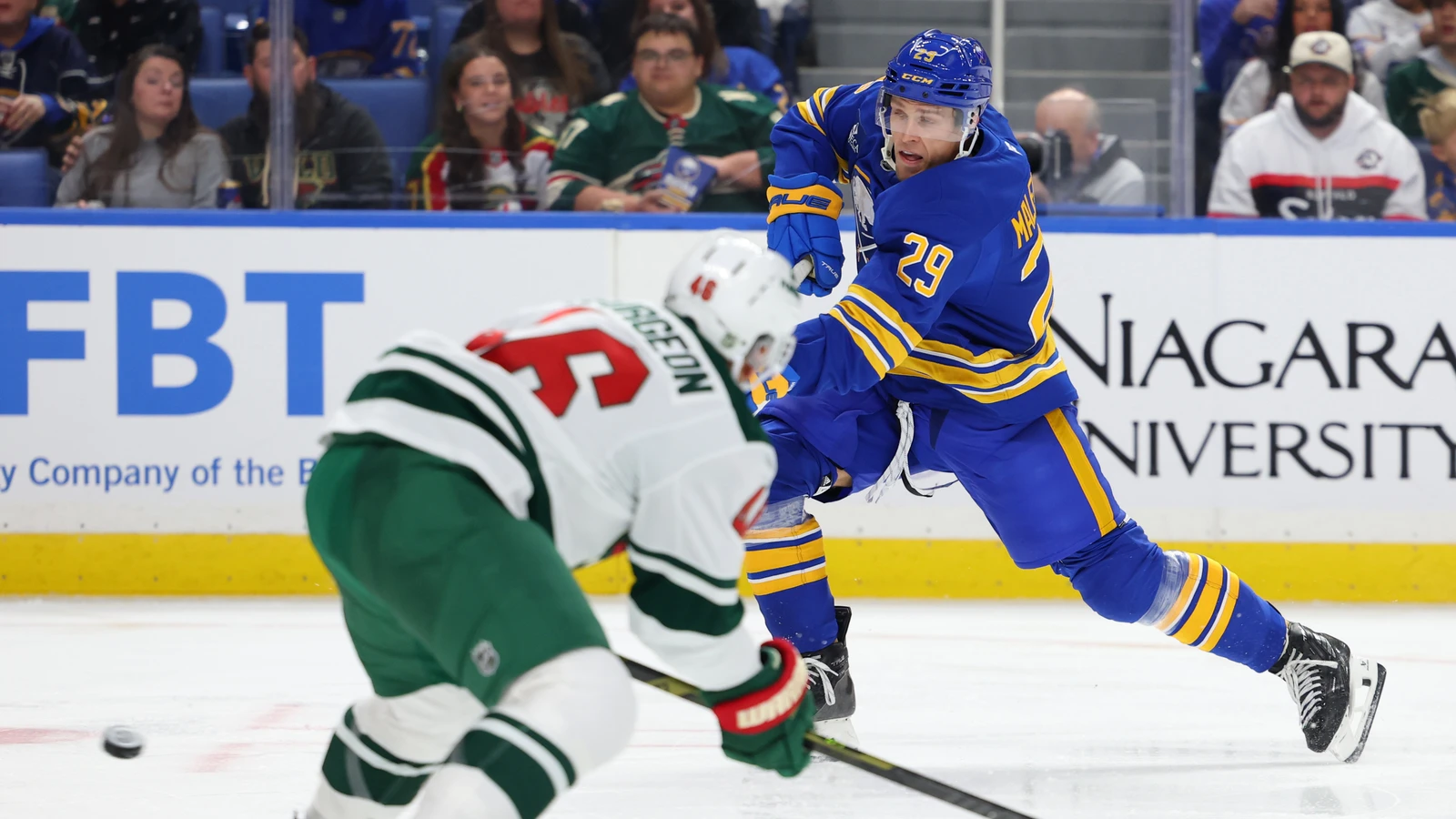 File photo: Sabres left wing Beck Malenstyn takes a shot on goal against the Wild at KeyBank Center in Buffalo.