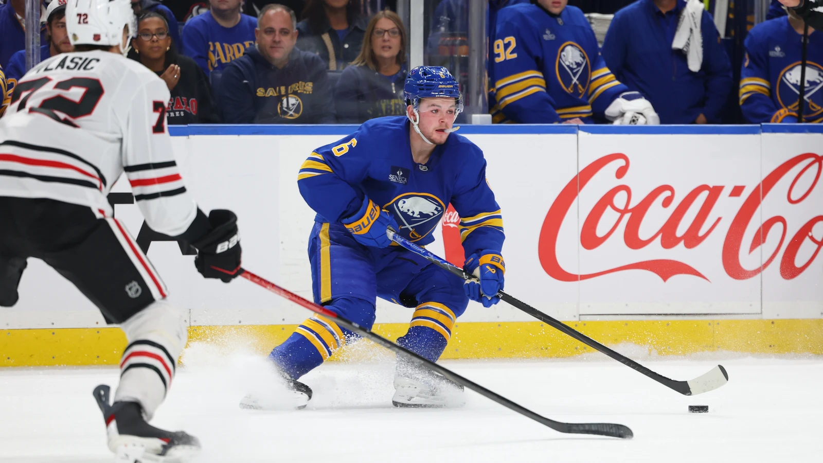 File photo: Buffalo Sabres forward Zach Benson prepares to pass the puck against the Chicago Blackhawks at KeyBank Center.