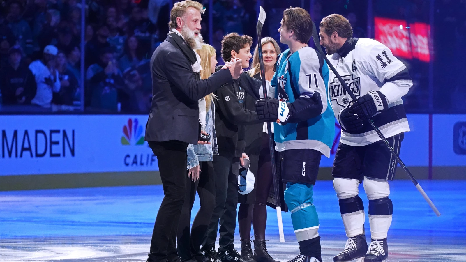 Joe Thornton is honored at a Sharks pregame ceremony with Macklin Celebrini and Anze Kopitar at SAP Center on November 20, 2025. File photo.