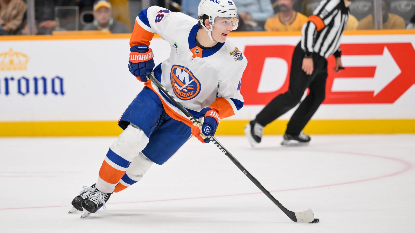 New York Islanders defenceman Matthew Schaefer carries the puck against the Nashville Predators at Bridgestone Arena.