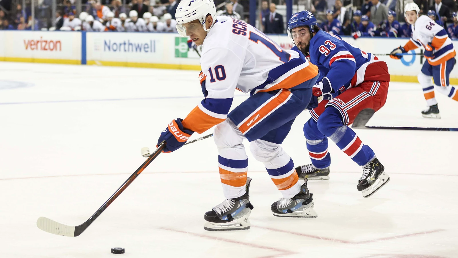 File photo: Islanders forward Brayden Schenn skates after the puck during a game against the Rangers at Madison Square Garden.