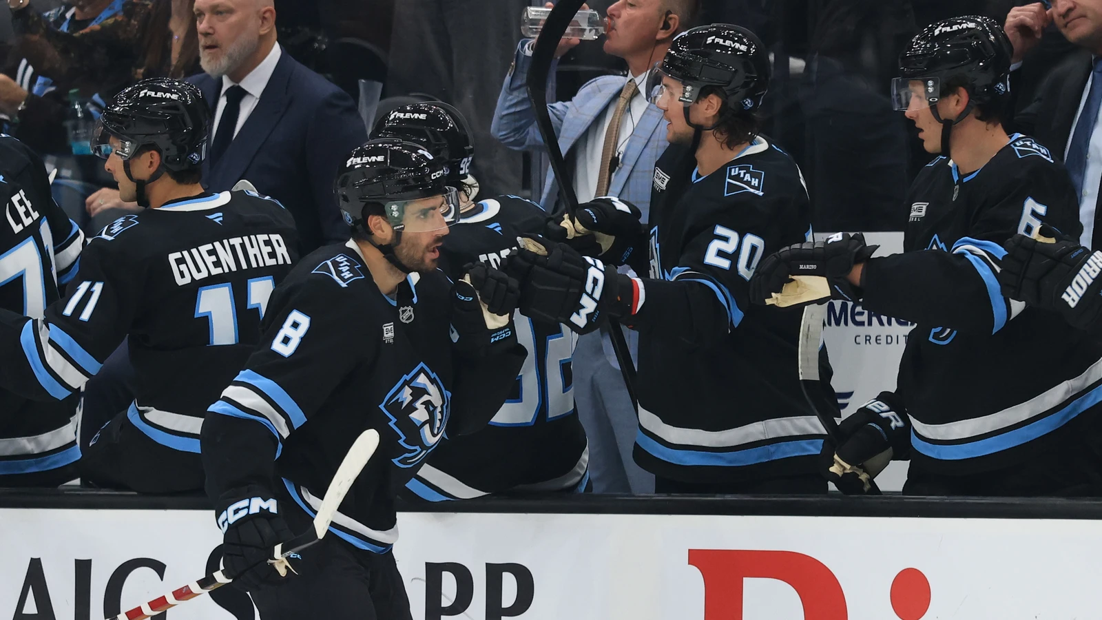 File photo: Nick Schmaltz celebrates a goal against the Chicago Blackhawks at Delta Center.