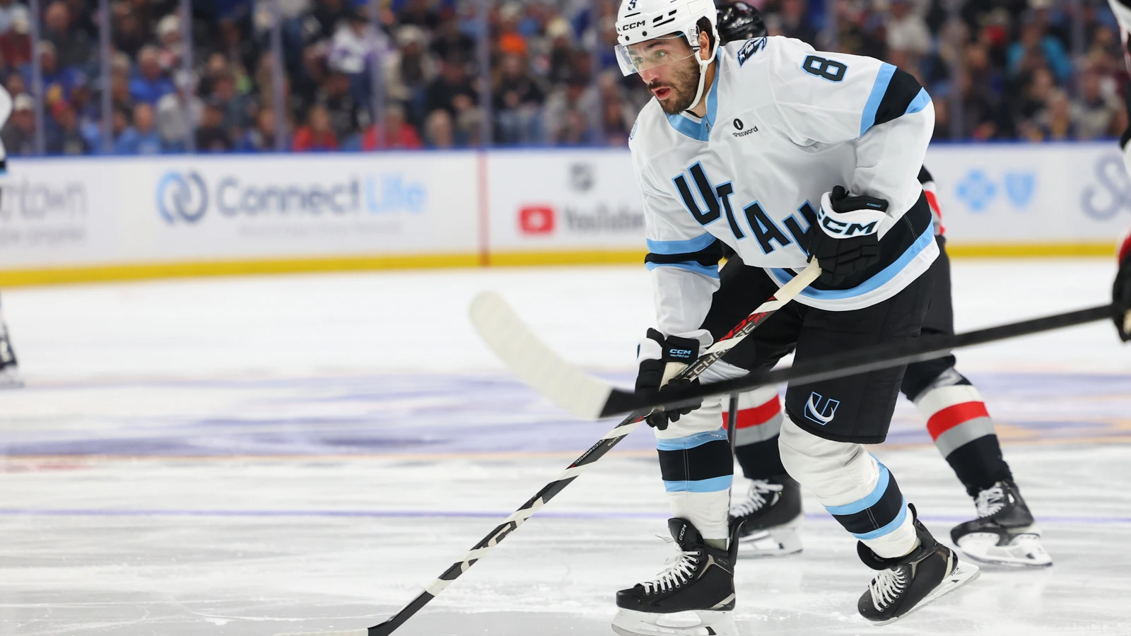 File photo: Utah Mammoth forward Nick Schmaltz skates with the puck against the Buffalo Sabres at KeyBank Center on Oct. 10, 2026.