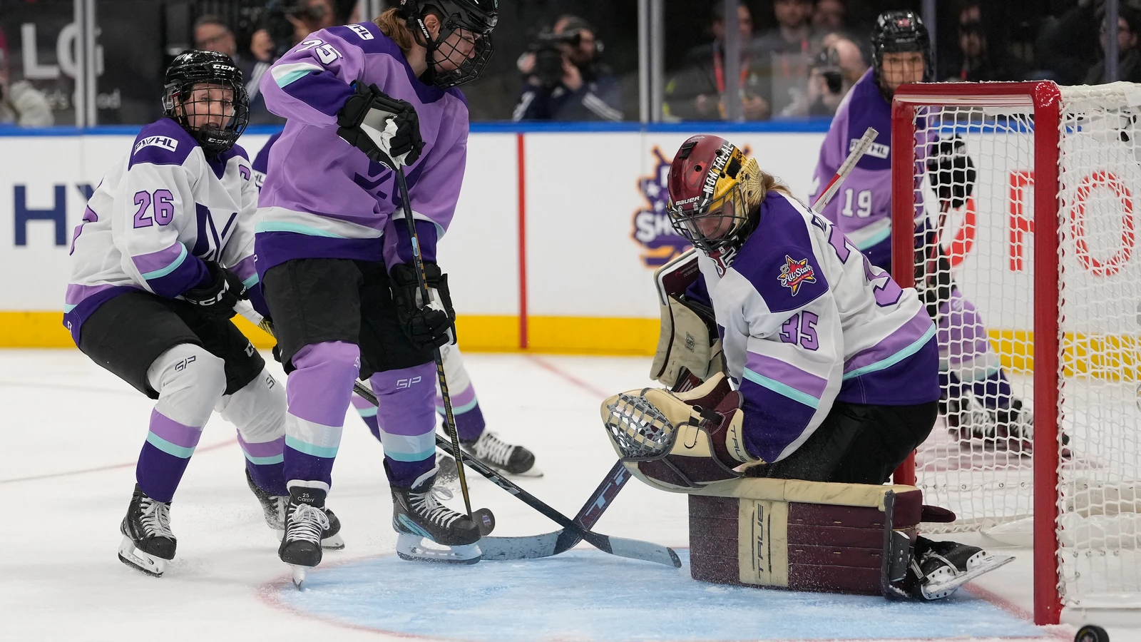Players compete during the PWHL 3-on-3 Showcase at Scotiabank Arena in Toronto on February 1, 2024. File photo.
