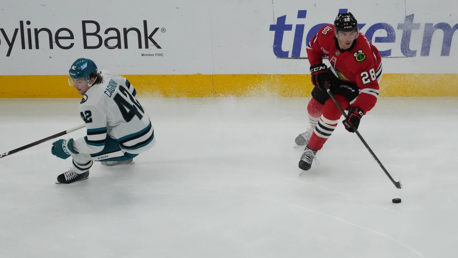 File photo: Andre Burakovsky carries the puck while playing for the Chicago Blackhawks against San Jose at United Center on April 15, 2026.