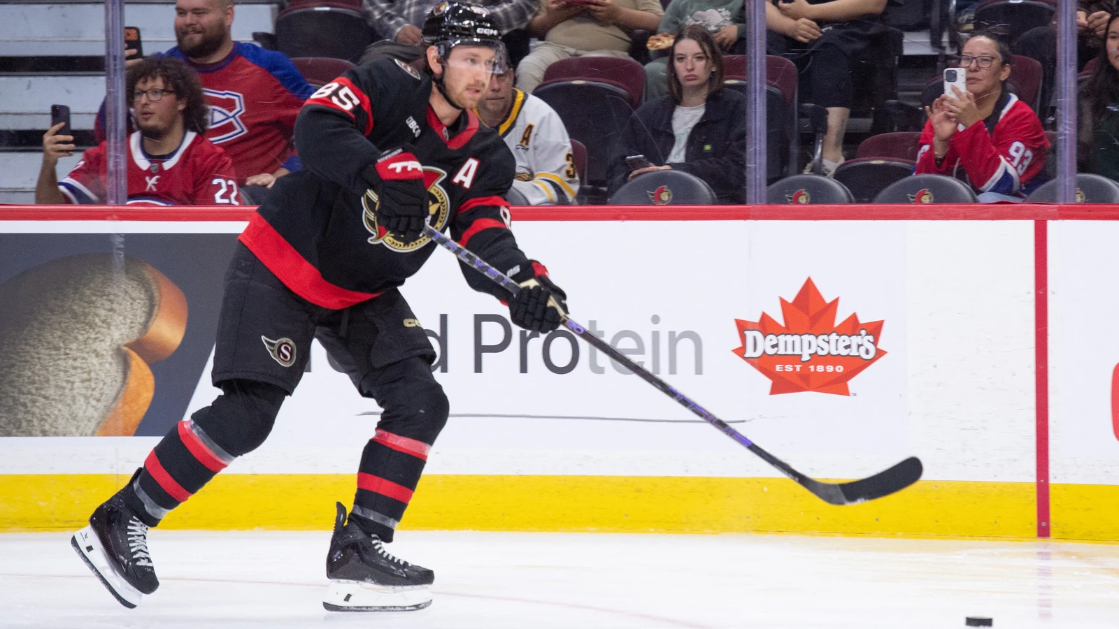 File photo: Ottawa Senators defenceman Jake Sanderson moves the puck against the Montreal Canadiens at Canadian Tire Centre.
