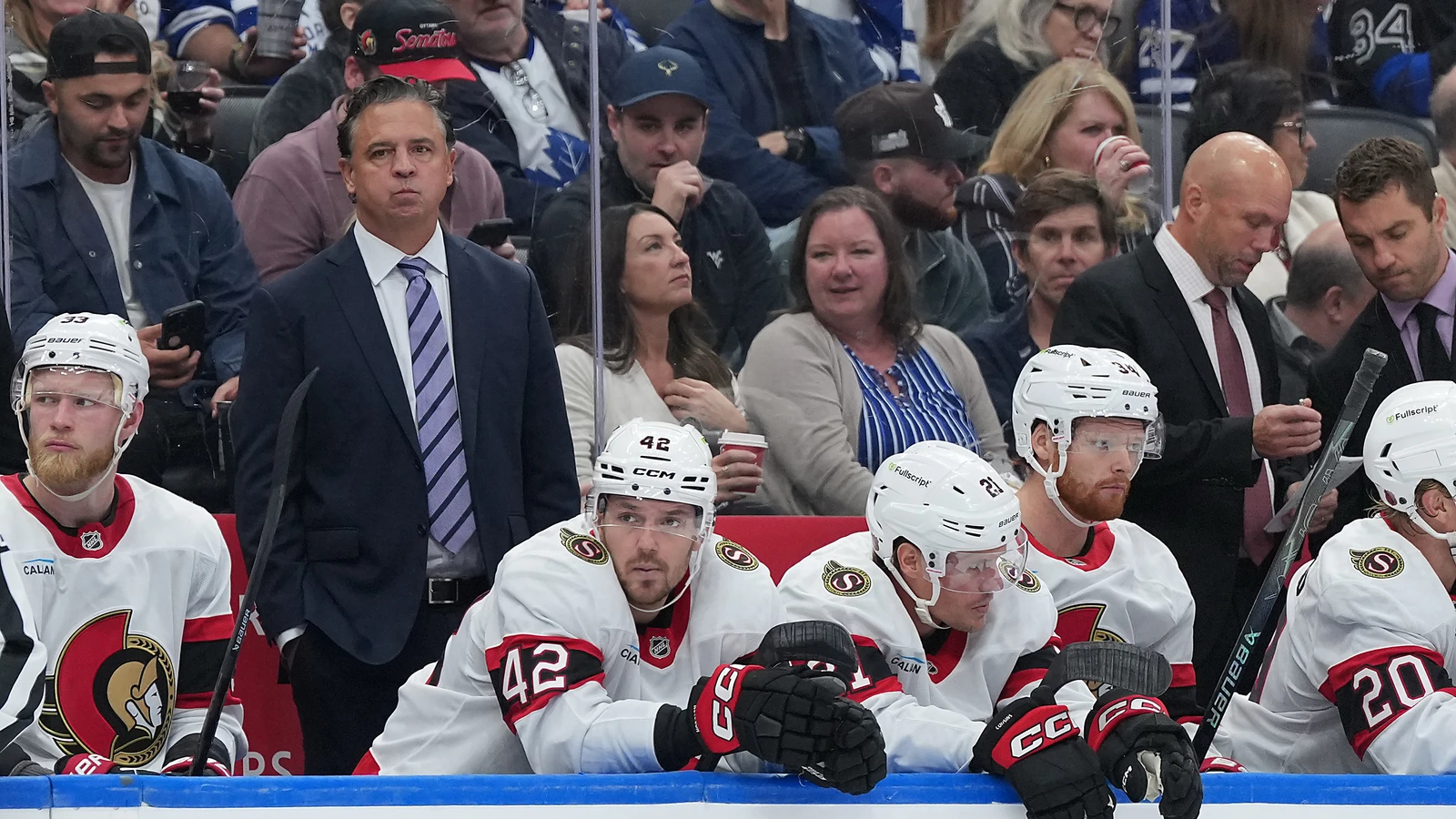 File photo: Ottawa Senators head coach Travis Green watches play from the bench in Toronto.