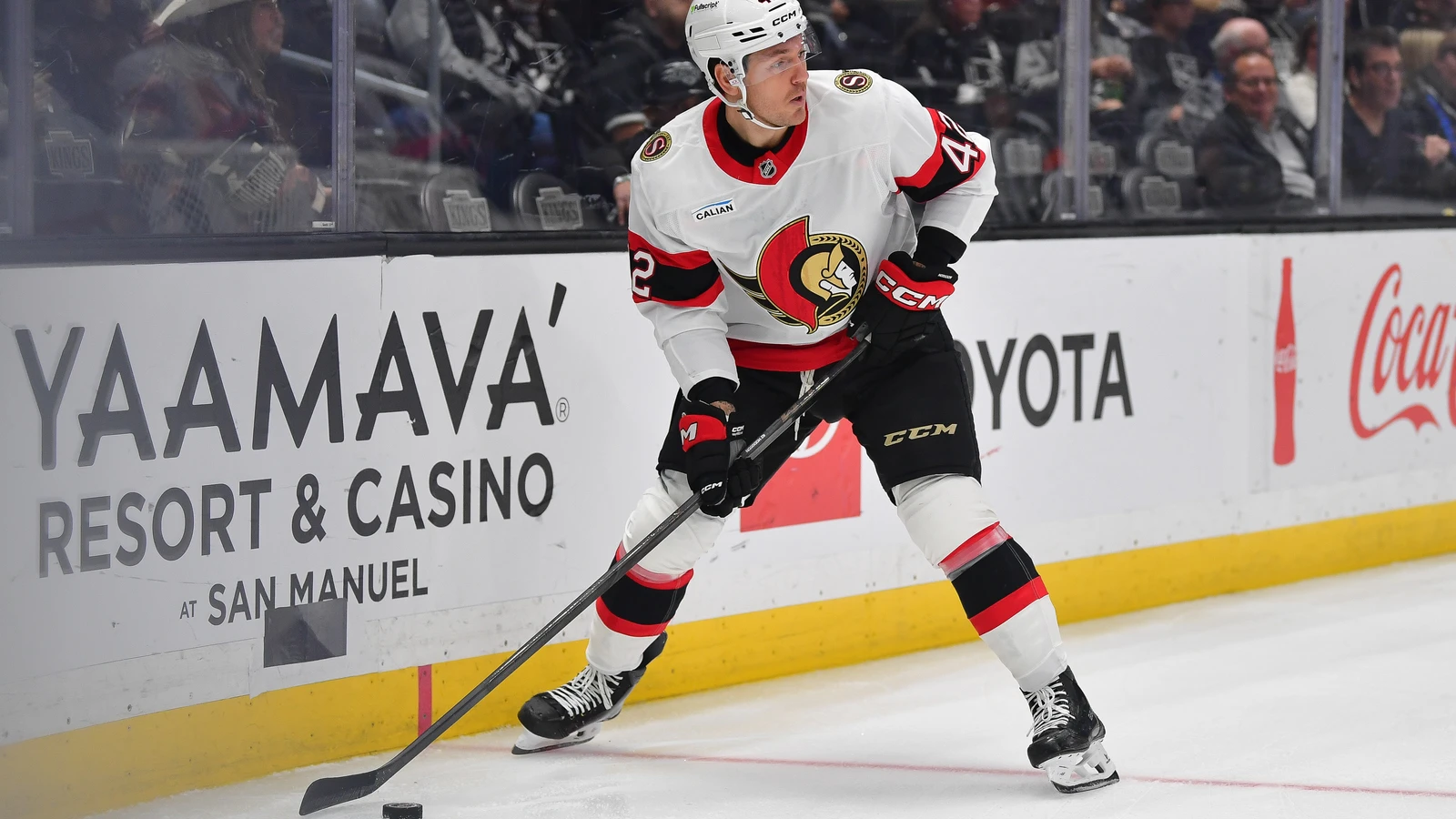 File photo: Ottawa Senators forward Hayden Hodgson controls the puck against the Los Angeles Kings at Crypto.com Arena.