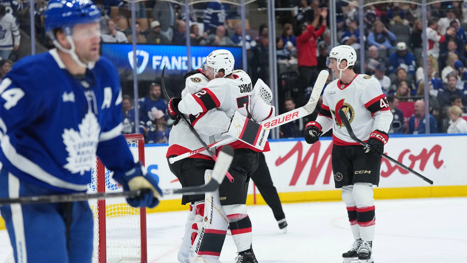 File photo: Ottawa Senators defenceman Thomas Chabot embraces goaltender Linus Ullmark after their win over the Toronto Maple Leafs at Scotiabank Arena on Oct. 3, 2026.