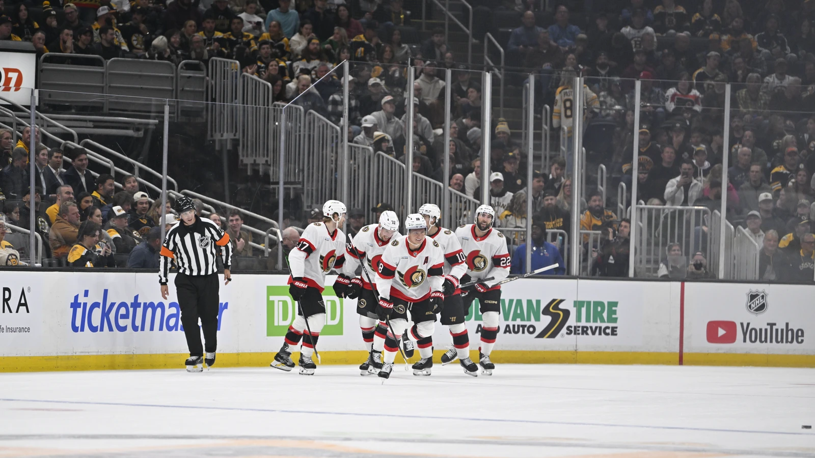 File photo: Ottawa Senators forward Tim Stützle celebrates a goal against the Boston Bruins at TD Garden.
