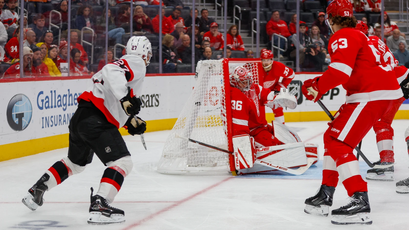 File photo: William Eklund shoots at the Detroit net during an Ottawa Senators game at Little Caesars Arena.