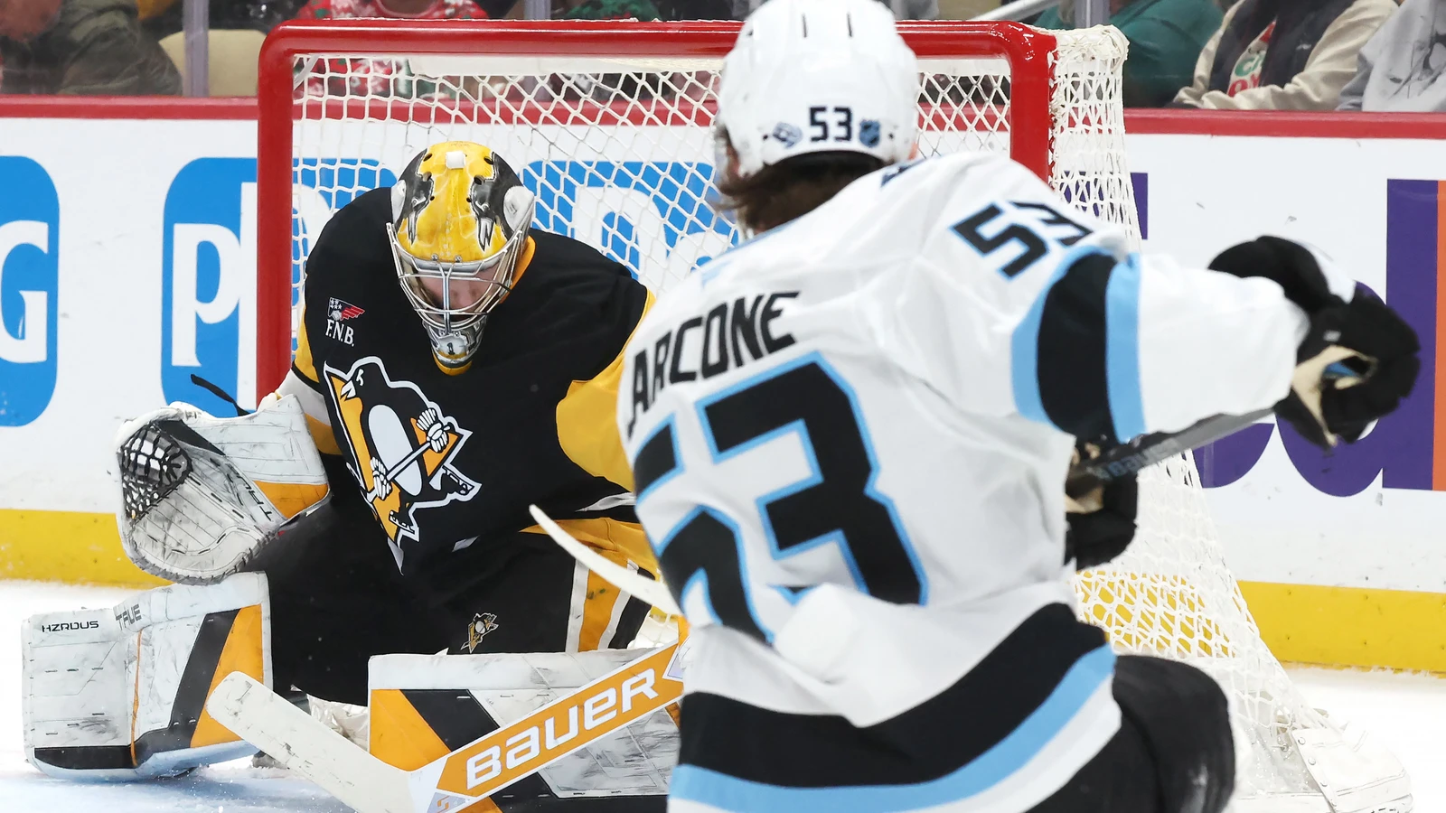 Sergei Murashov makes a save for Pittsburgh against Utah at PPG Paints Arena on December 14, 2025. File photo.