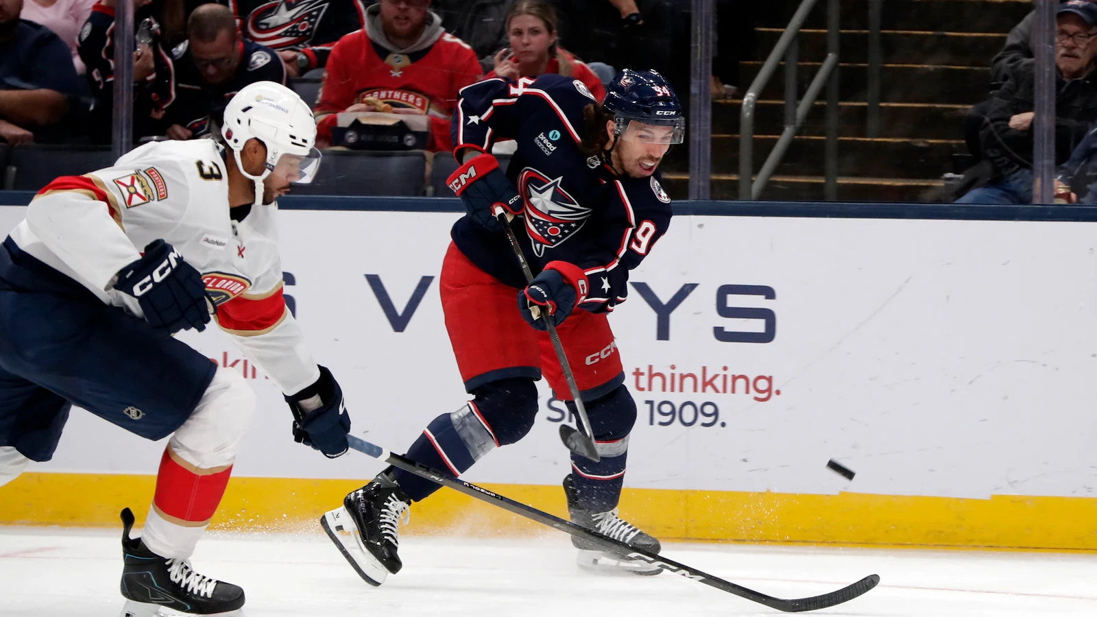 Florida Panthers defenceman Seth Jones defends as a Columbus Blue Jackets player takes a shot at Nationwide Arena.