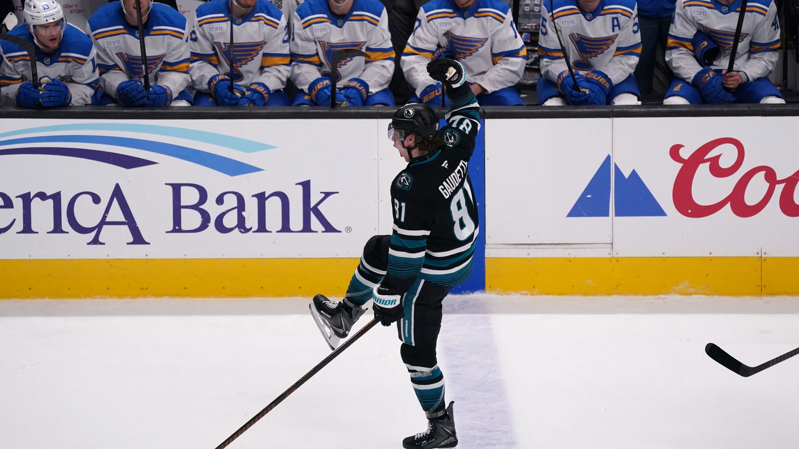 San Jose Sharks winger Adam Gaudette celebrates against St. Louis at SAP Center on March 30, 2026. File photo.