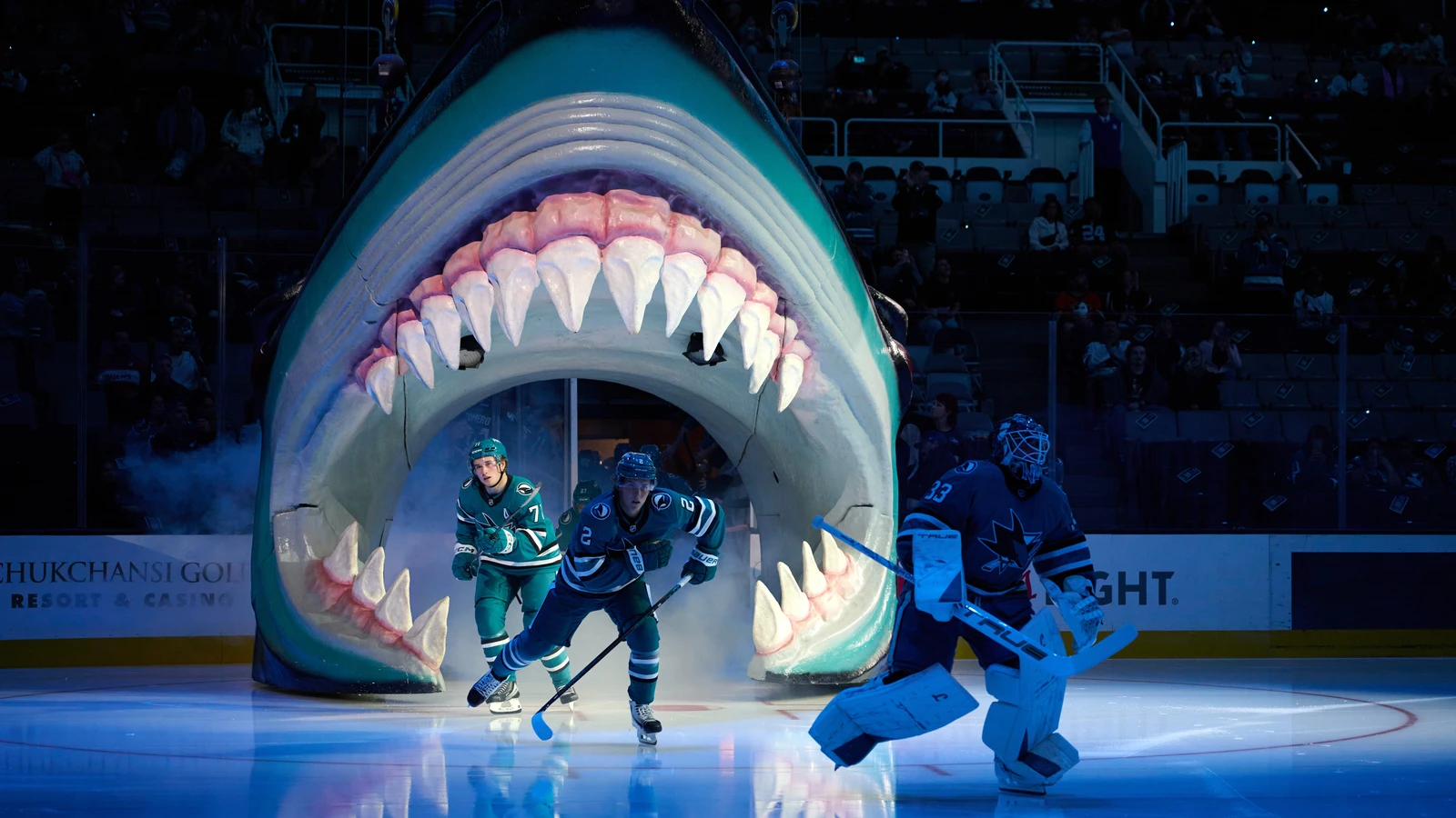 File photo: Will Smith and Macklin Celebrini skate onto the ice through the Sharks entrance at SAP Center in San Jose.