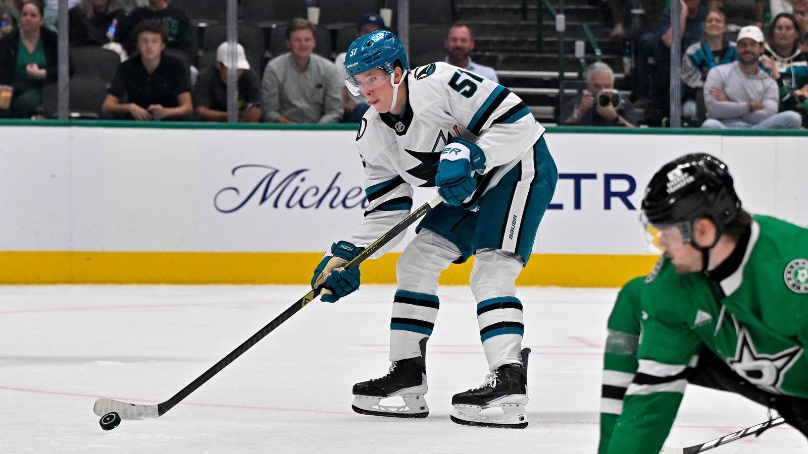 File photo: San Jose Sharks forward Collin Graf carries the puck against the Dallas Stars.