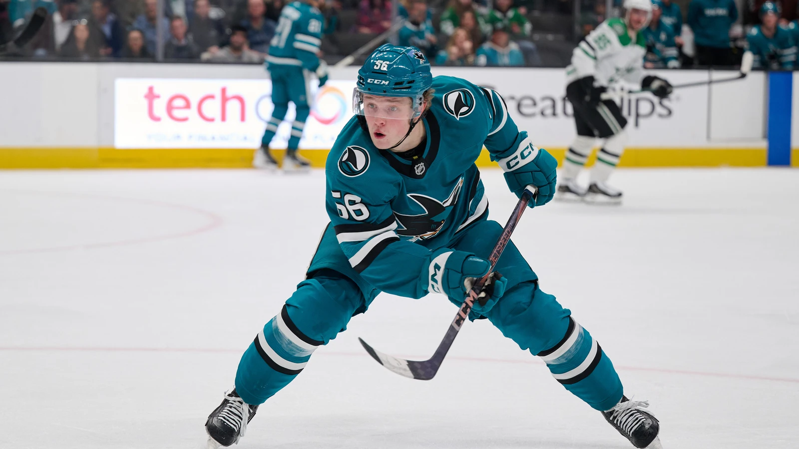 Ethan Cardwell skates for San Jose during a December 2025 game against Dallas. File photo.