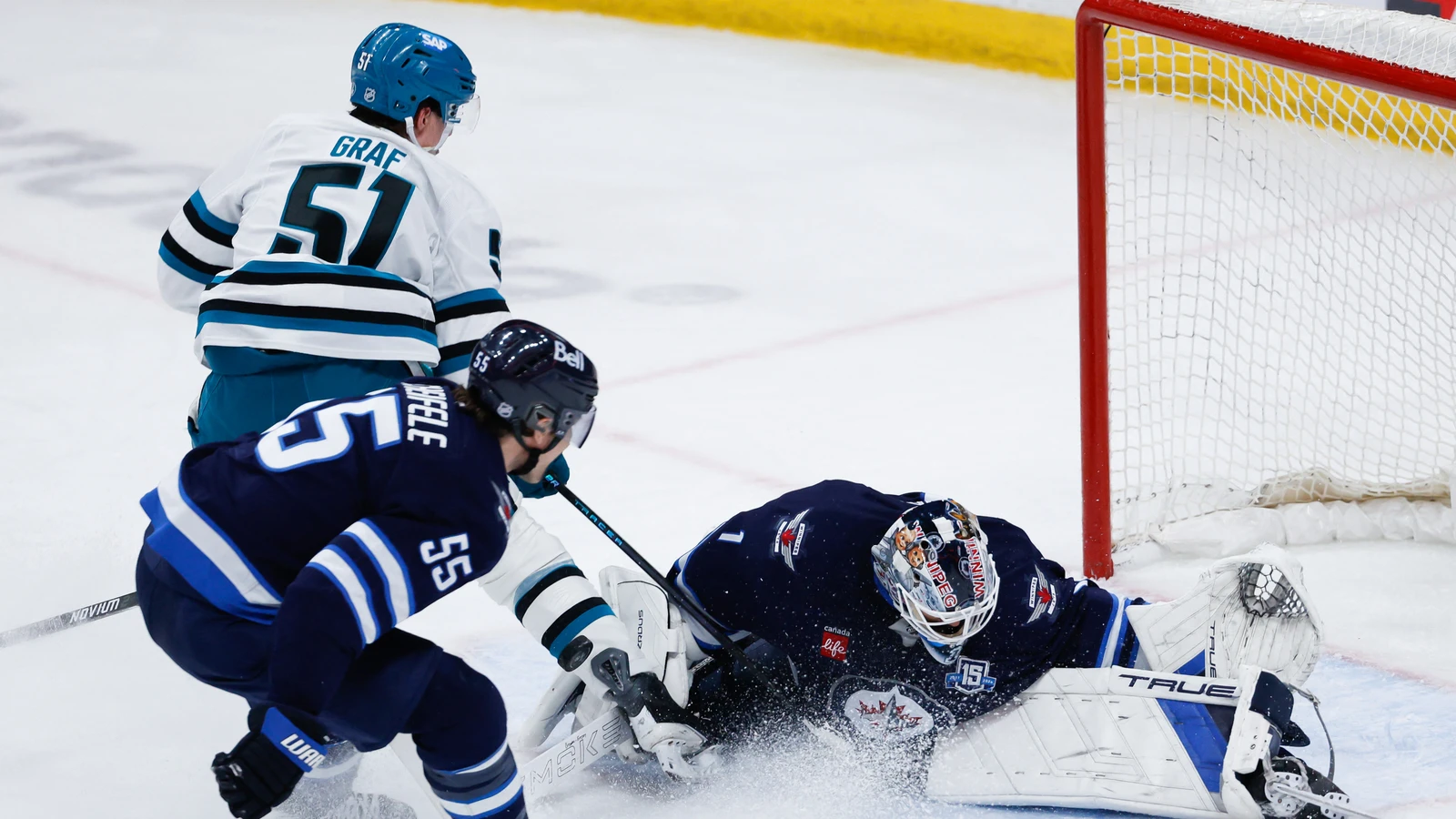 Collin Graf takes a shot for San Jose against Winnipeg on April 16, 2026. File photo.