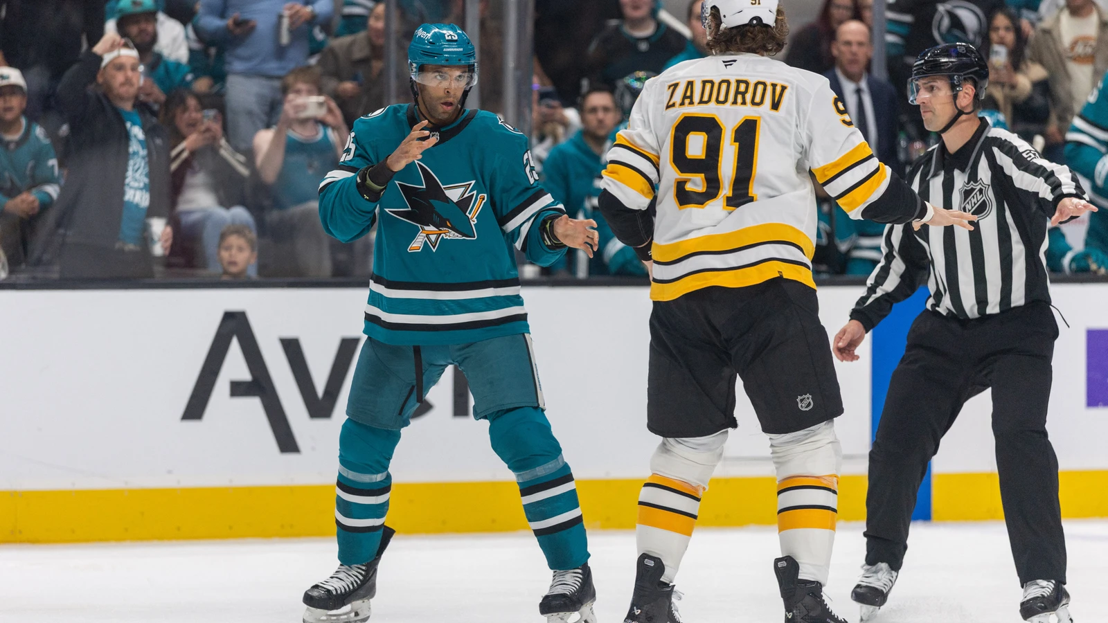File photo: San Jose Sharks defenceman Darnell Nurse faces Boston Bruins defenceman Nikita Zadorov during their fight at SAP Center.