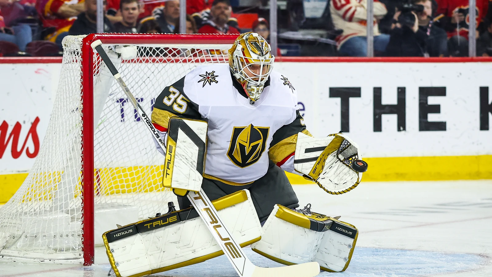 Ilya Samsonov makes a save for Vegas against Calgary on April 15, 2025. File photo.