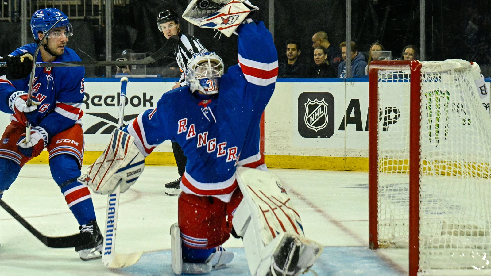 File photo: Rangers goaltender Igor Shesterkin reaches up for a glove save against the Utah Mammoth at Madison Square Garden.