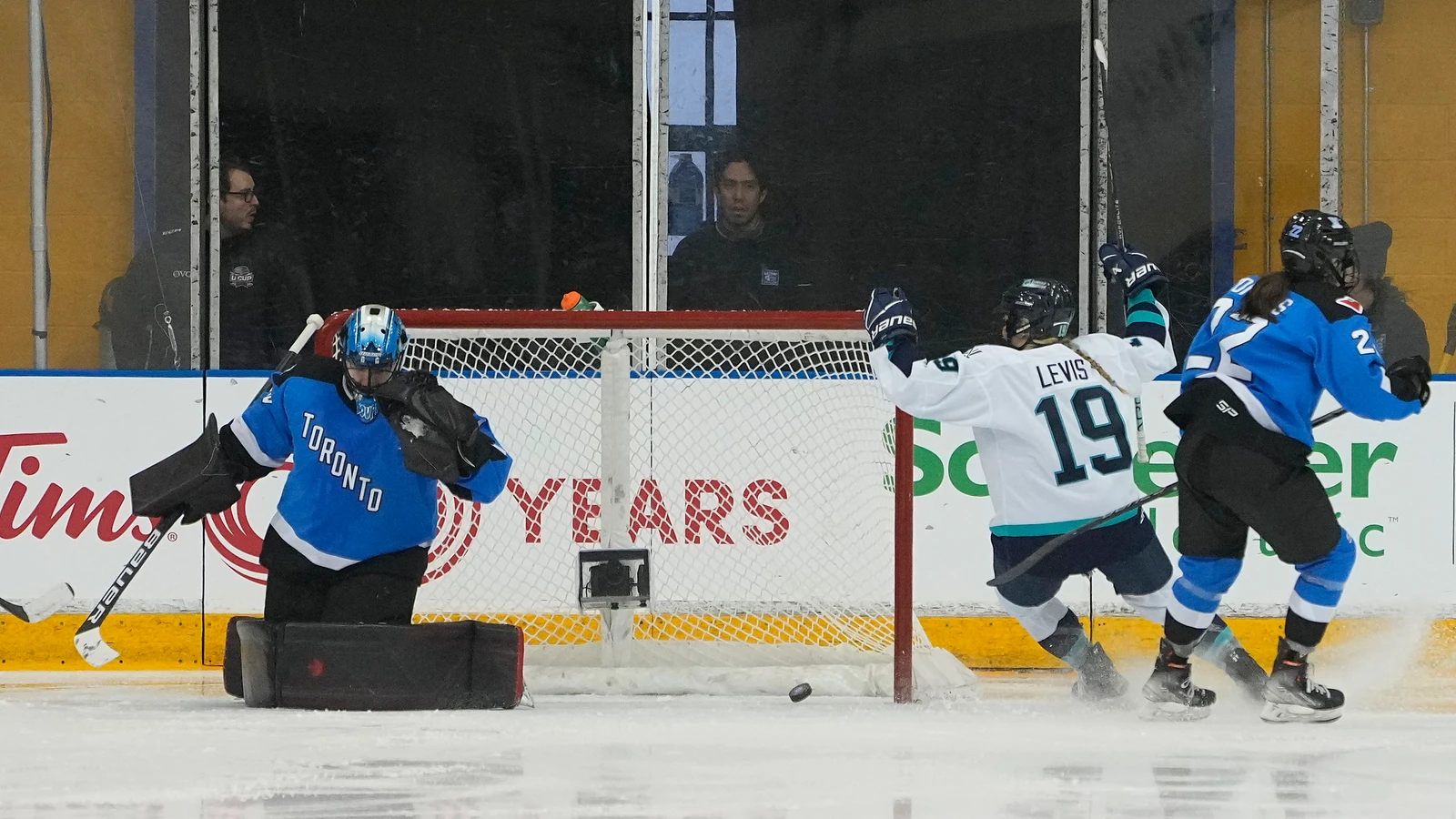 New York forward Paetyn Levis reacts to a goal against Toronto during the inaugural PWHL game on January 1, 2024. File photo.