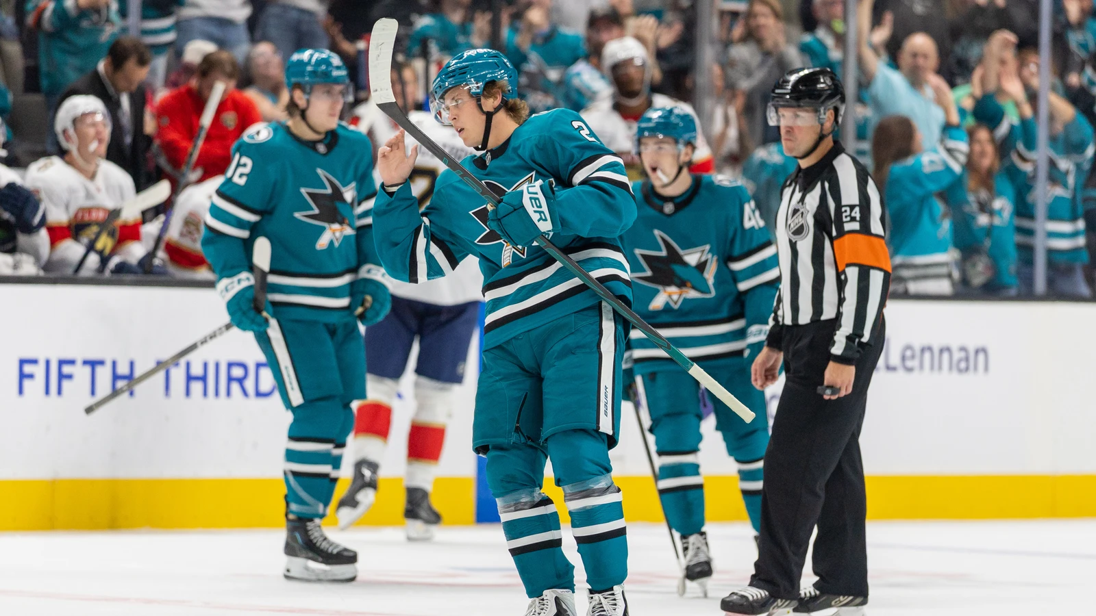 Will Smith celebrates a San Jose Sharks goal against the Florida Panthers at SAP Center.