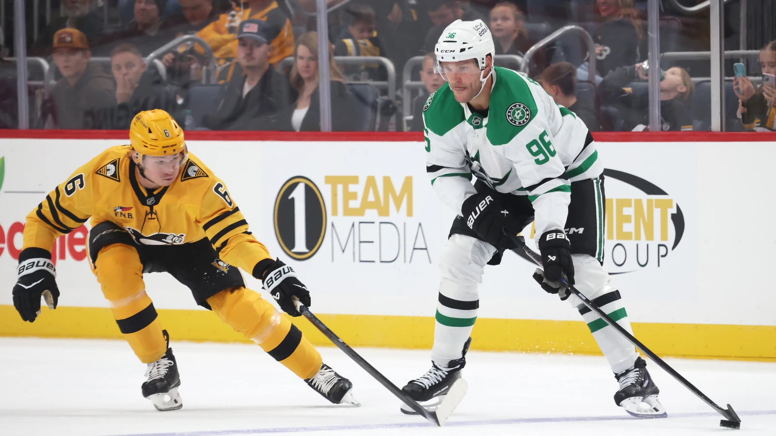 File photo: Dallas Stars forward Mikko Rantanen controls the puck against the Pittsburgh Penguins.