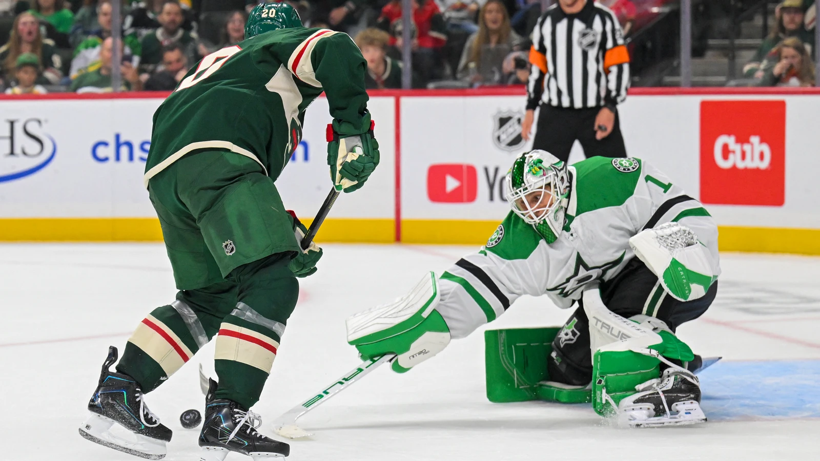 File photo: Dallas Stars goalie Casey DeSmith reaches with his stick to poke-check the puck during a Sept. 25, 2026 preseason game against the Minnesota Wild at Grand Casino Arena in Saint Paul.