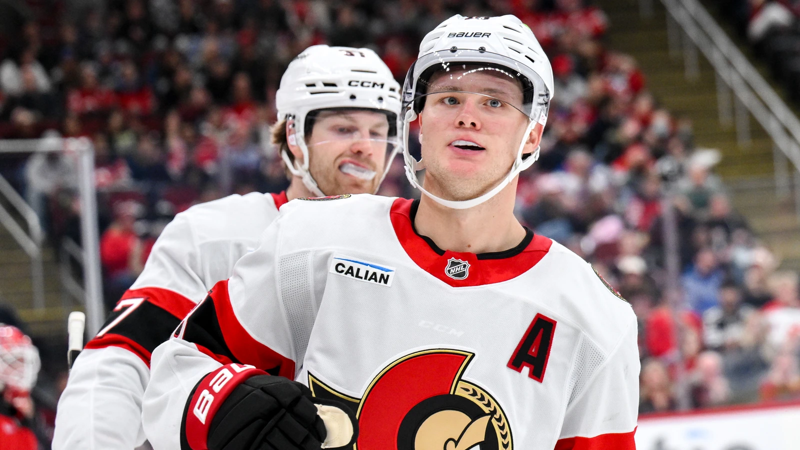 Tim Stützle celebrates his third-period goal against the New Jersey Devils at Prudential Center.