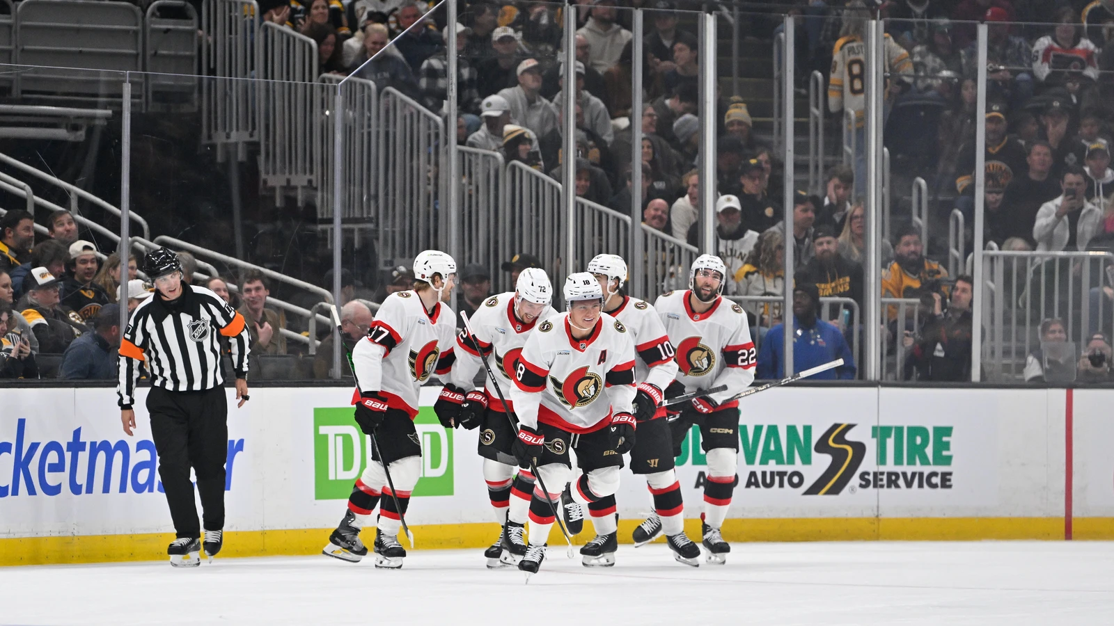 Ottawa Senators centre Tim Stützle celebrates a goal against the Boston Bruins at TD Garden on October 5, 2026.