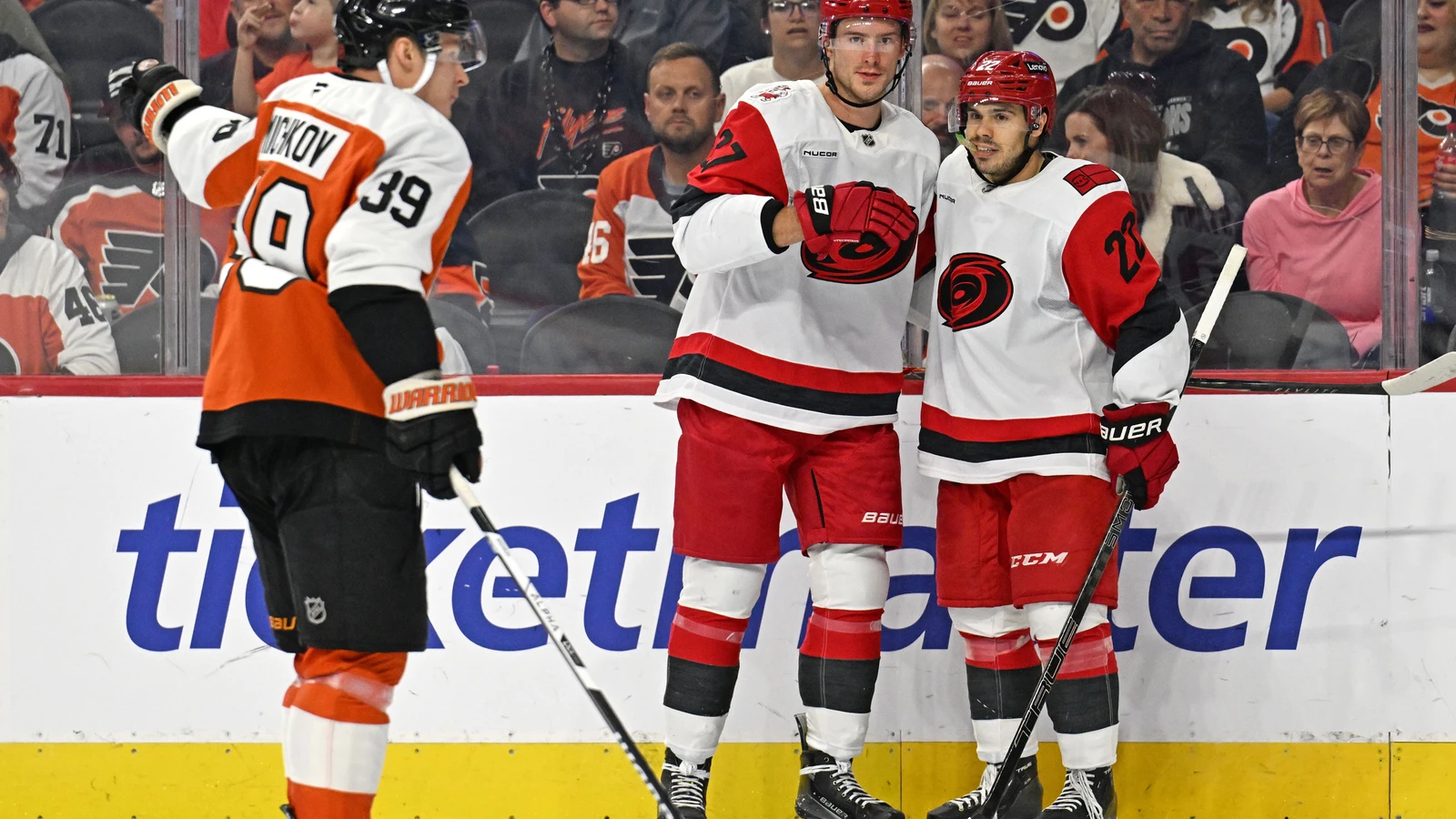 File photo: Carolina Hurricanes forward Andrei Svechnikov celebrates a goal with a teammate against the Philadelphia Flyers.