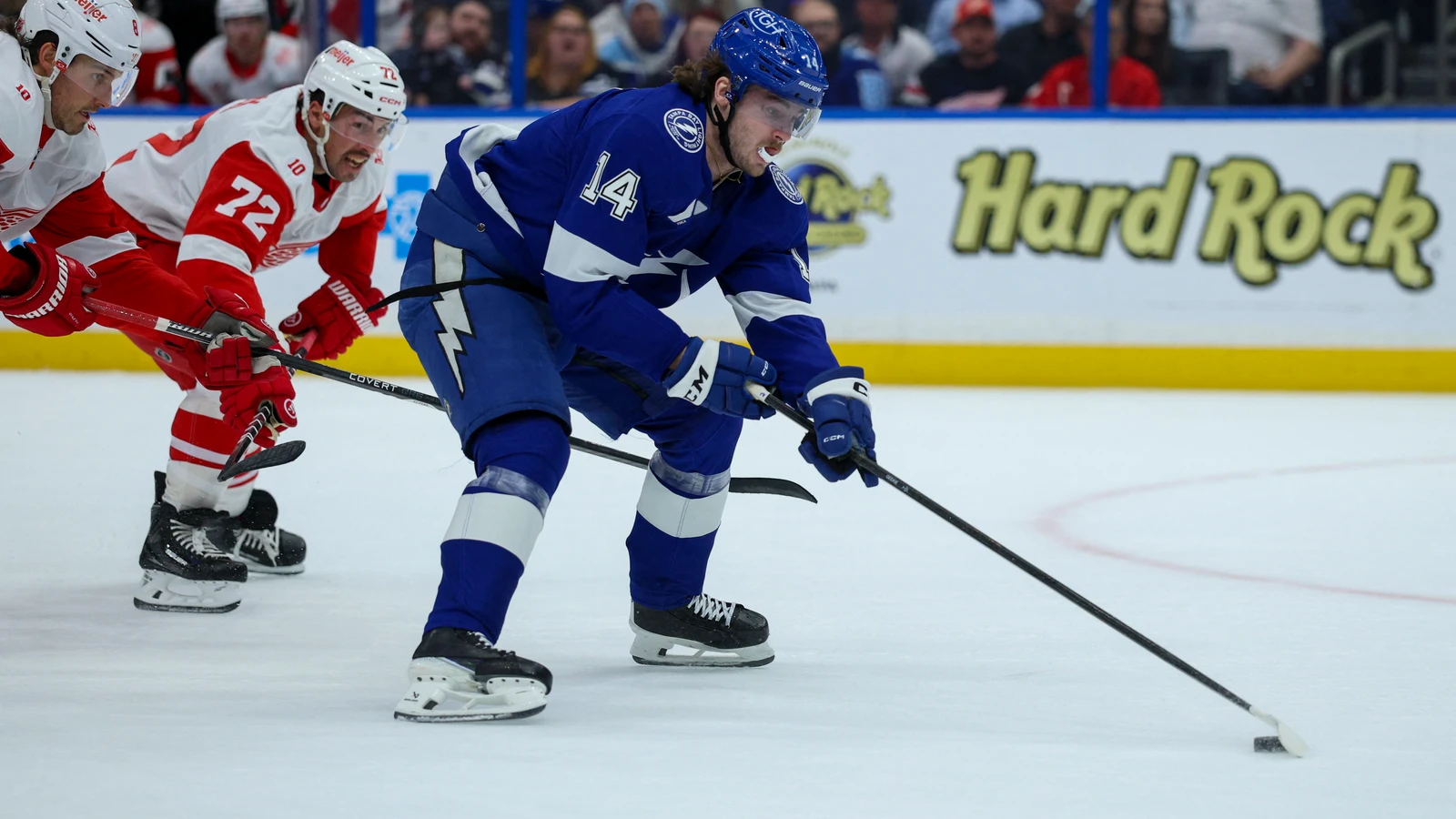 File photo: Tampa Bay Lightning forward Conor Geekie controls the puck against the Detroit Red Wings on April 13, 2026 at Benchmark International Arena in Tampa.