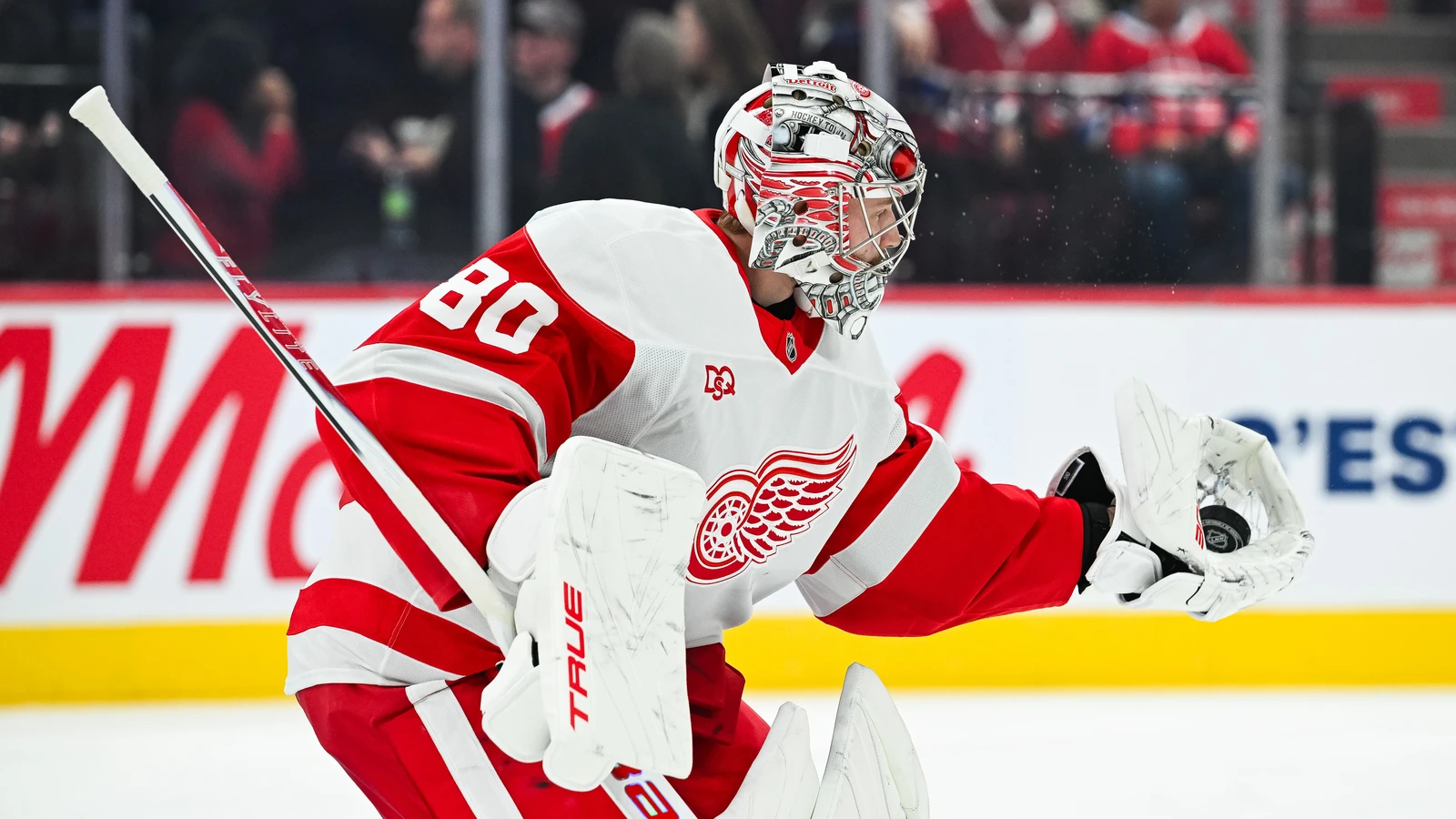 Detroit Red Wings goalie Daniil Tarasov prepares for a shot during warm-up at Bell Centre in Montreal.