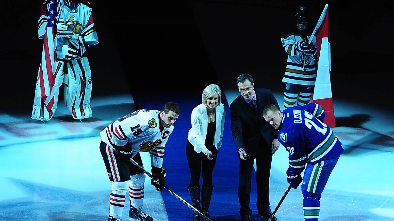 Tessa Bonhomme participates in a ceremonial puck drop before a Chicago Blackhawks-Vancouver Canucks game on January 29, 2014. File photo.