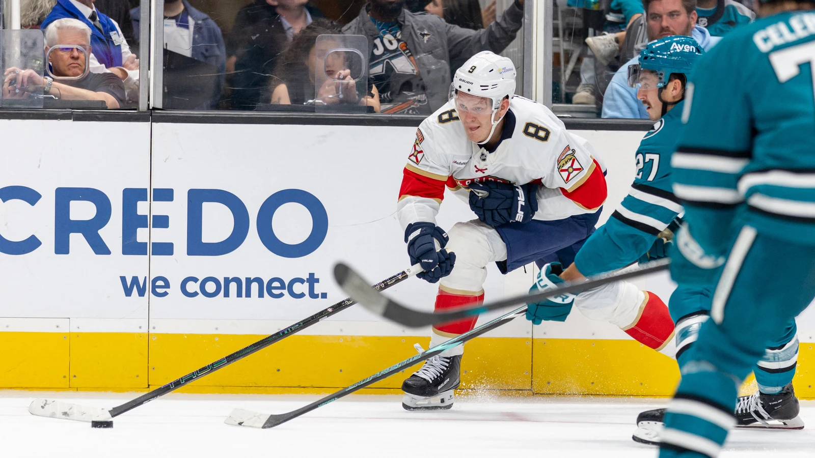 File photo: Florida Panthers forward Brady Tkachuk controls the puck against the San Jose Sharks at SAP Center in San Jose.