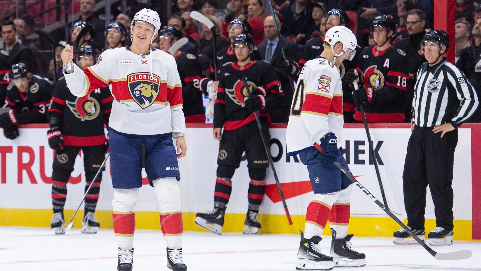 Panthers forward Brady Tkachuk salutes the crowd at Canadian Tire Centre in his first game back in Ottawa.