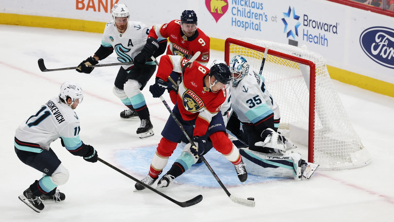 File photo: Florida Panthers forward Brady Tkachuk attempts a shot against the Seattle Kraken.