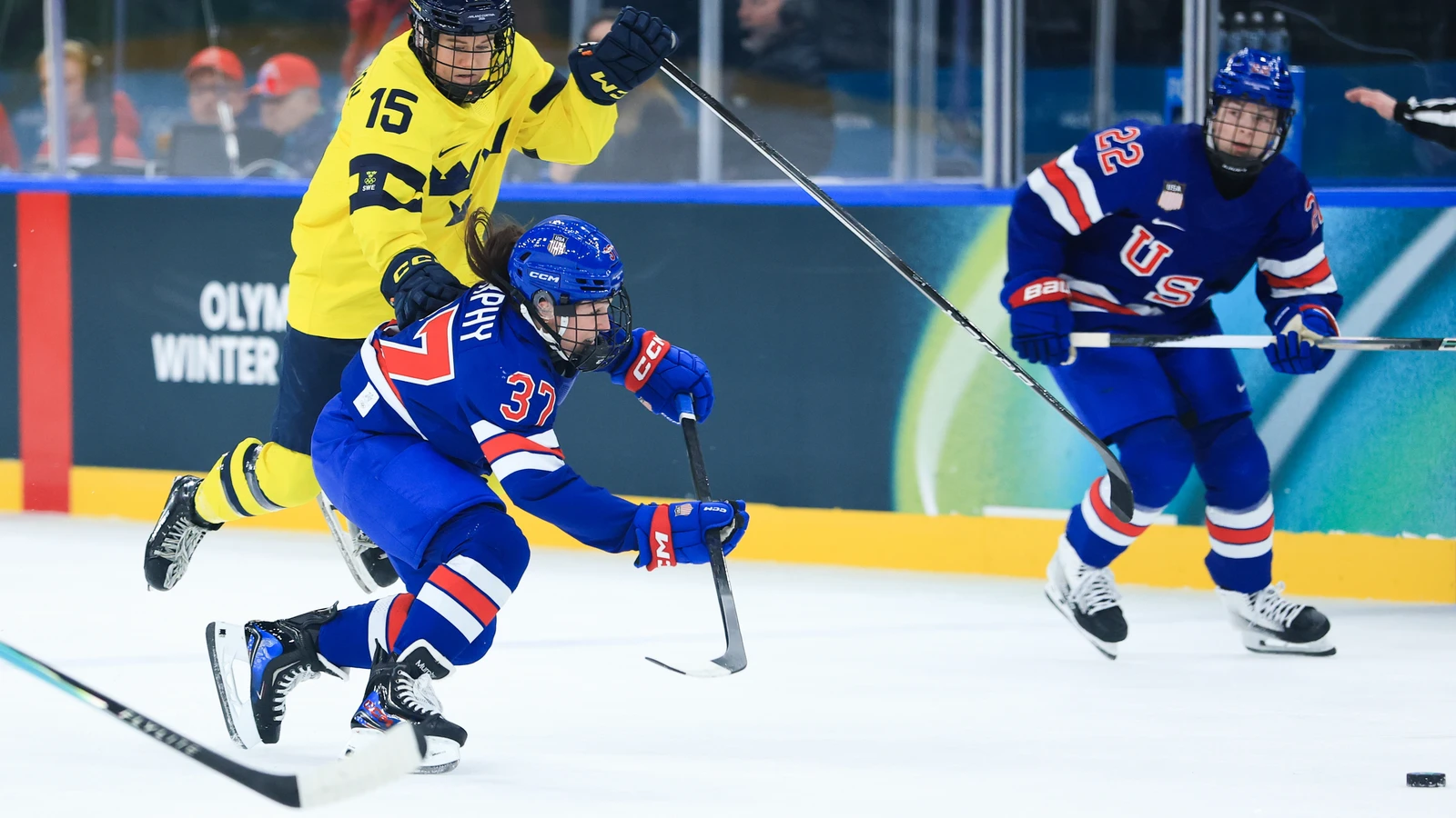 United States forward Abbey Murphy battles Sweden’s Lisa Johansson for the puck during an Olympic semifinal in Milan on February 16, 2026. File photo.