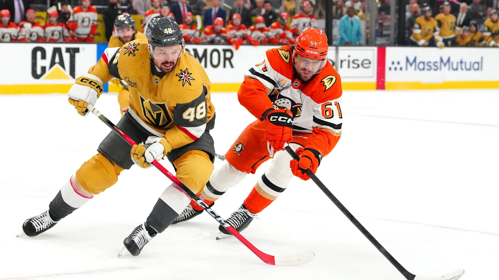 Cutter Gauthier carries the puck for Anaheim against Vegas on May 12, 2026. File photo.