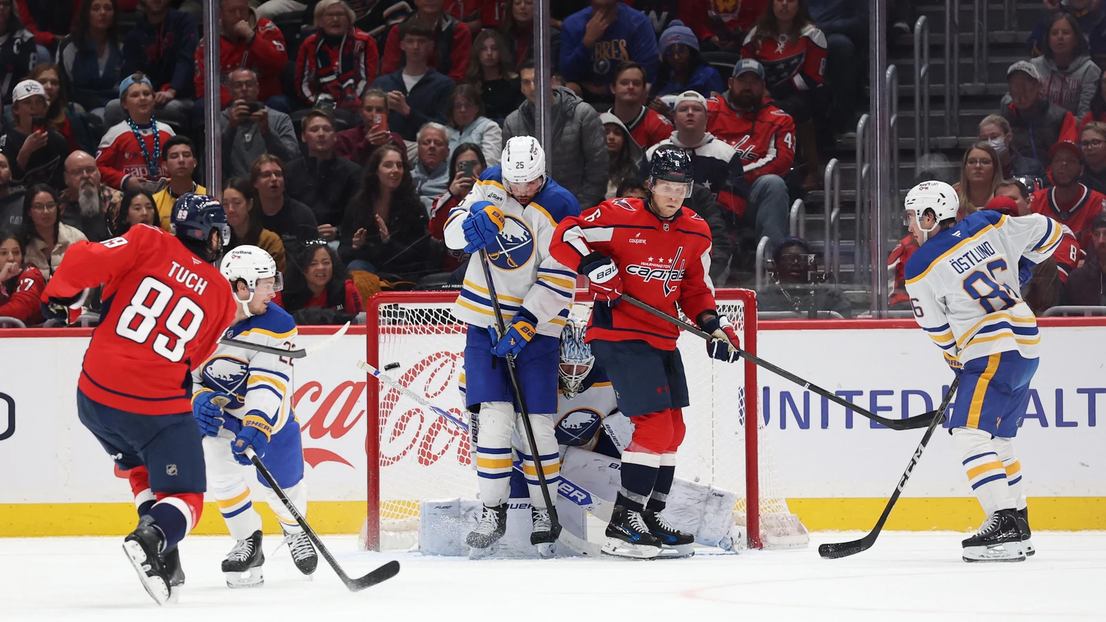Alex Tuch shoots against the Buffalo Sabres during overtime at Capital One Arena.