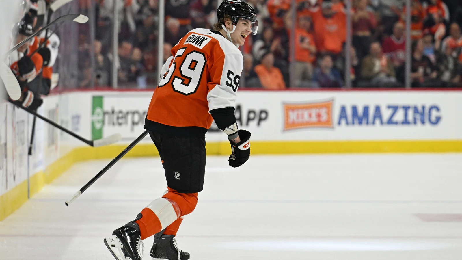 Oliver Bonk skates for Philadelphia against Montreal on April 14, 2026. File photo.