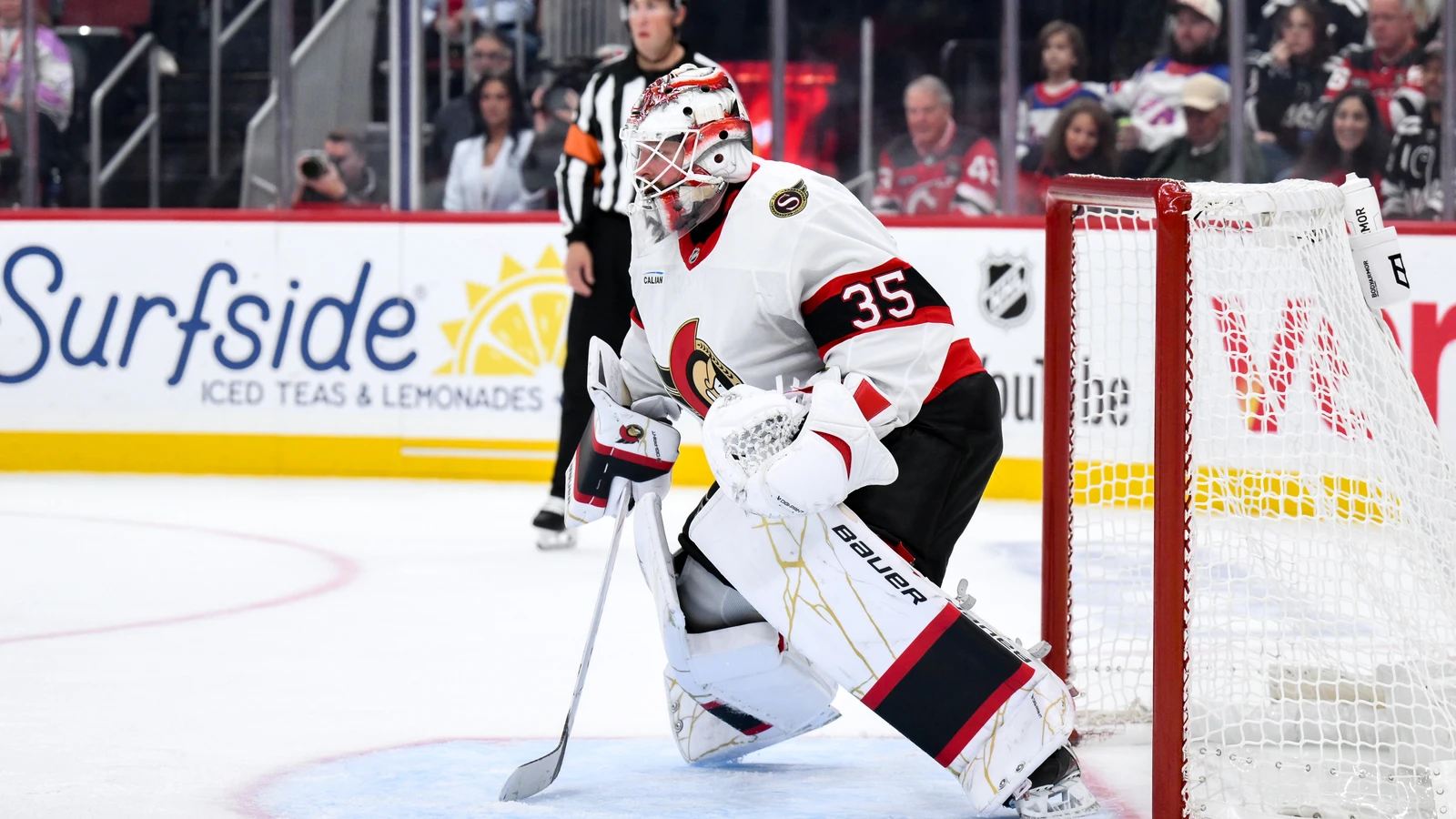 File photo: Senators goaltender Linus Ullmark tends net against the Devils at Prudential Center in Newark.
