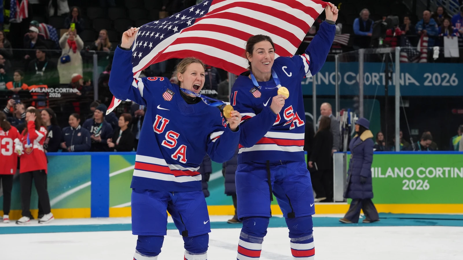 Kendall Coyne Schofield, left, and Hilary Knight celebrate the United States' Olympic gold medal on February 19, 2026. File photo.