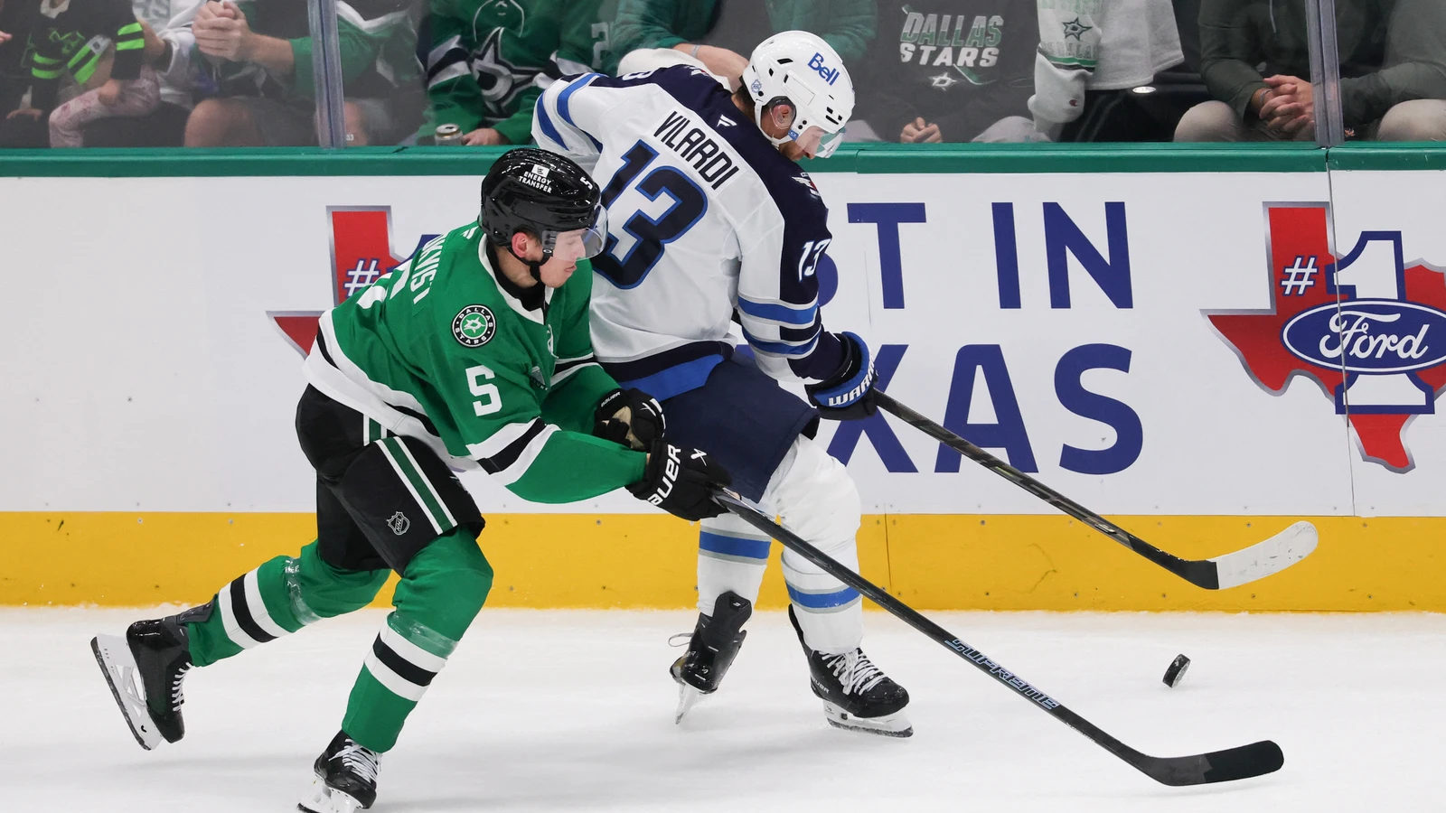 File photo: Winnipeg Jets centre Gabriel Vilardi battles Dallas Stars defenceman Nils Lundkvist for the puck at American Airlines Center.