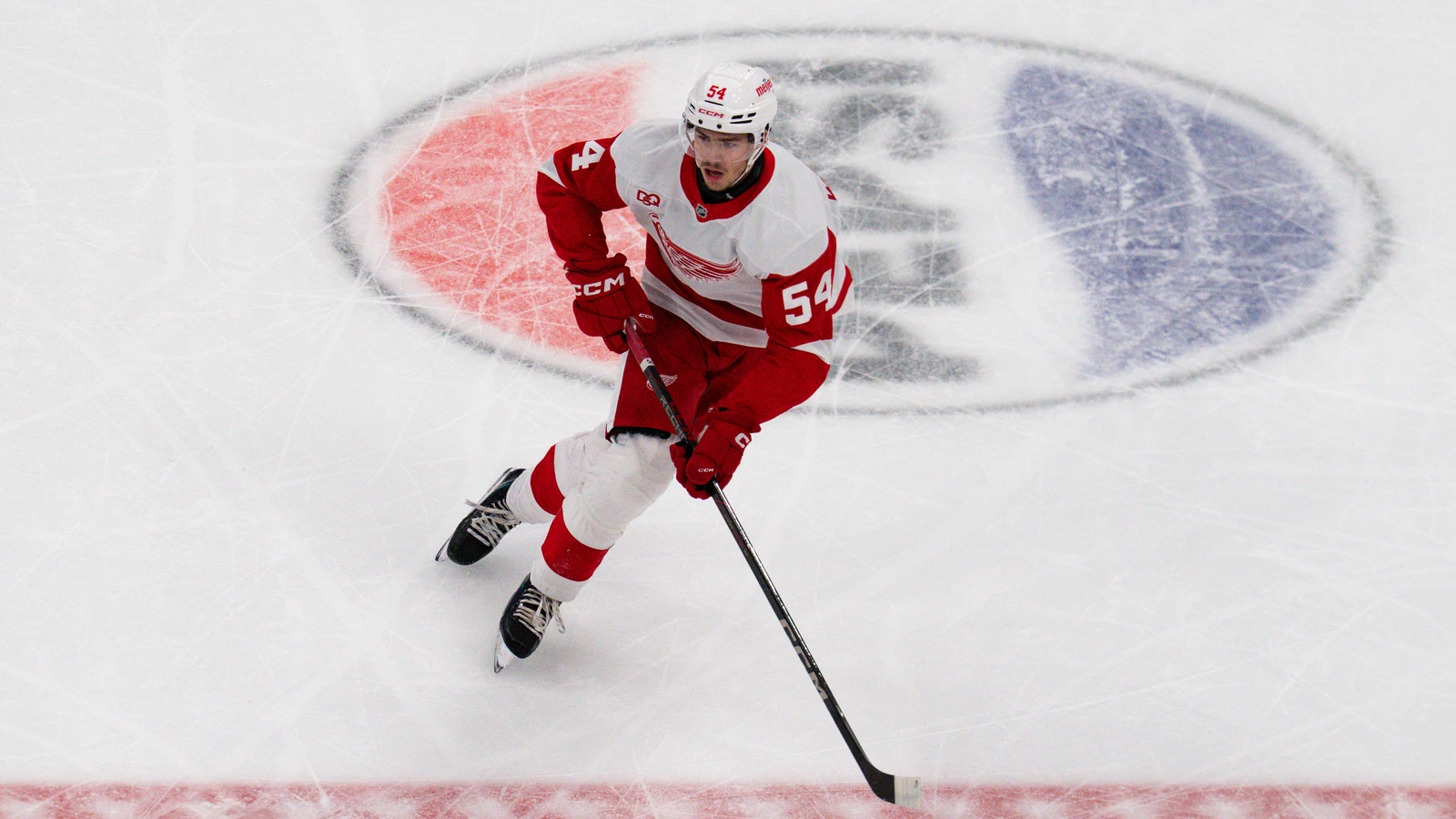 File photo: Detroit Red Wings defenceman William Wallinder skates with the puck against the Columbus Blue Jackets on Sept. 21, 2026.